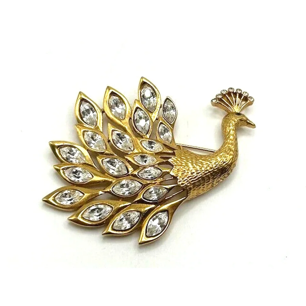 Vintage Strutting‎ Goldtone Peacock With Navette Rhinestone Plumage Brooch Pin